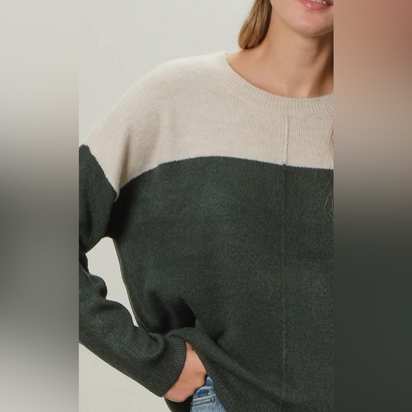 59. Ali Contrast Colorblock Knit Crewneck Hunter Beige Pullover Sweater - Picture 2 of 3